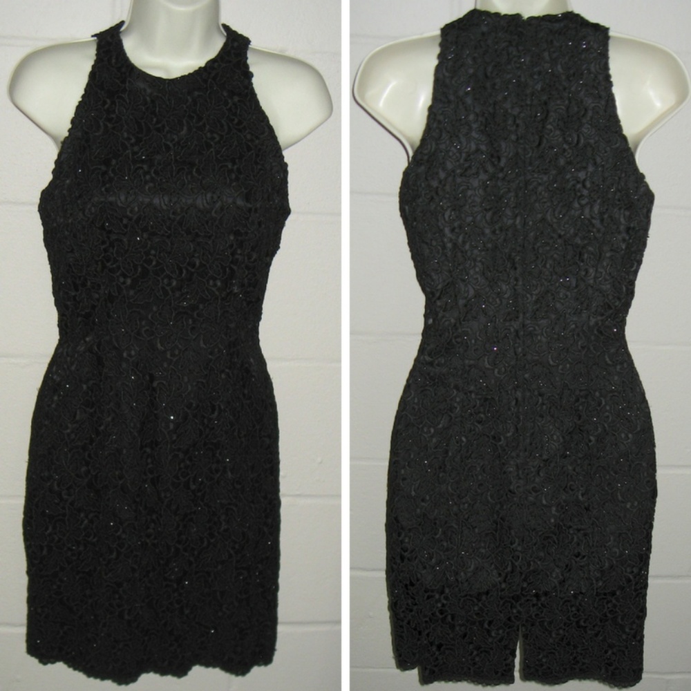 Carmen Marc Valvo Black Beaded Lace Cocktail Dress